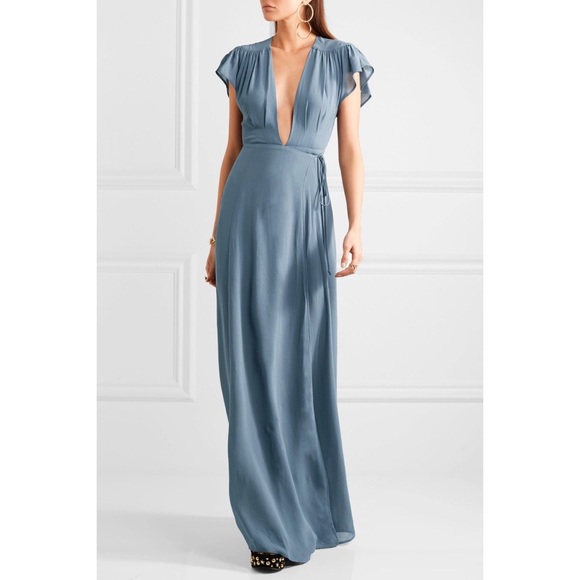 Reformation Dresses & Skirts - Reformation Georgette blue wrap v neck flutter sleeve maxi dress gown Size Small